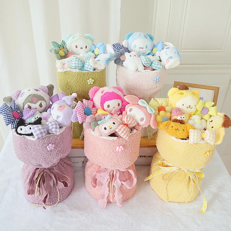

Sanrio букет из мультфильмов My Melody Kuromi Cinnamoroll Pompompurin мягкая плюшевая кукла цветок игрушка на День святого Валентина рождественский подарок