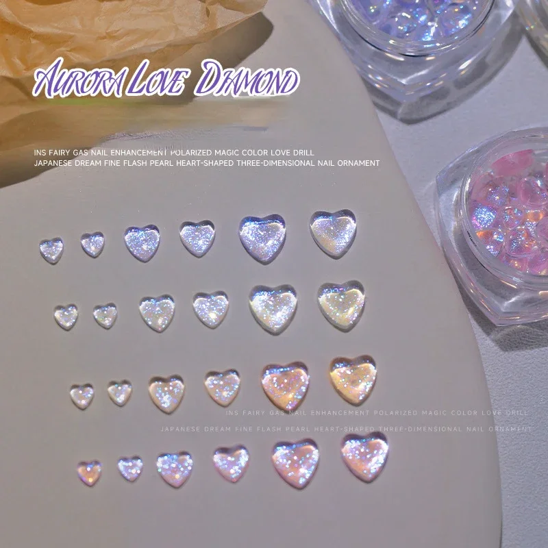 

30pcs Aurora Love Heart Nail Art Rhinestone 3D Shiny Flat-Bottom Mixed Size Crystal Nail Gem DIY Crystal Nail Accessories