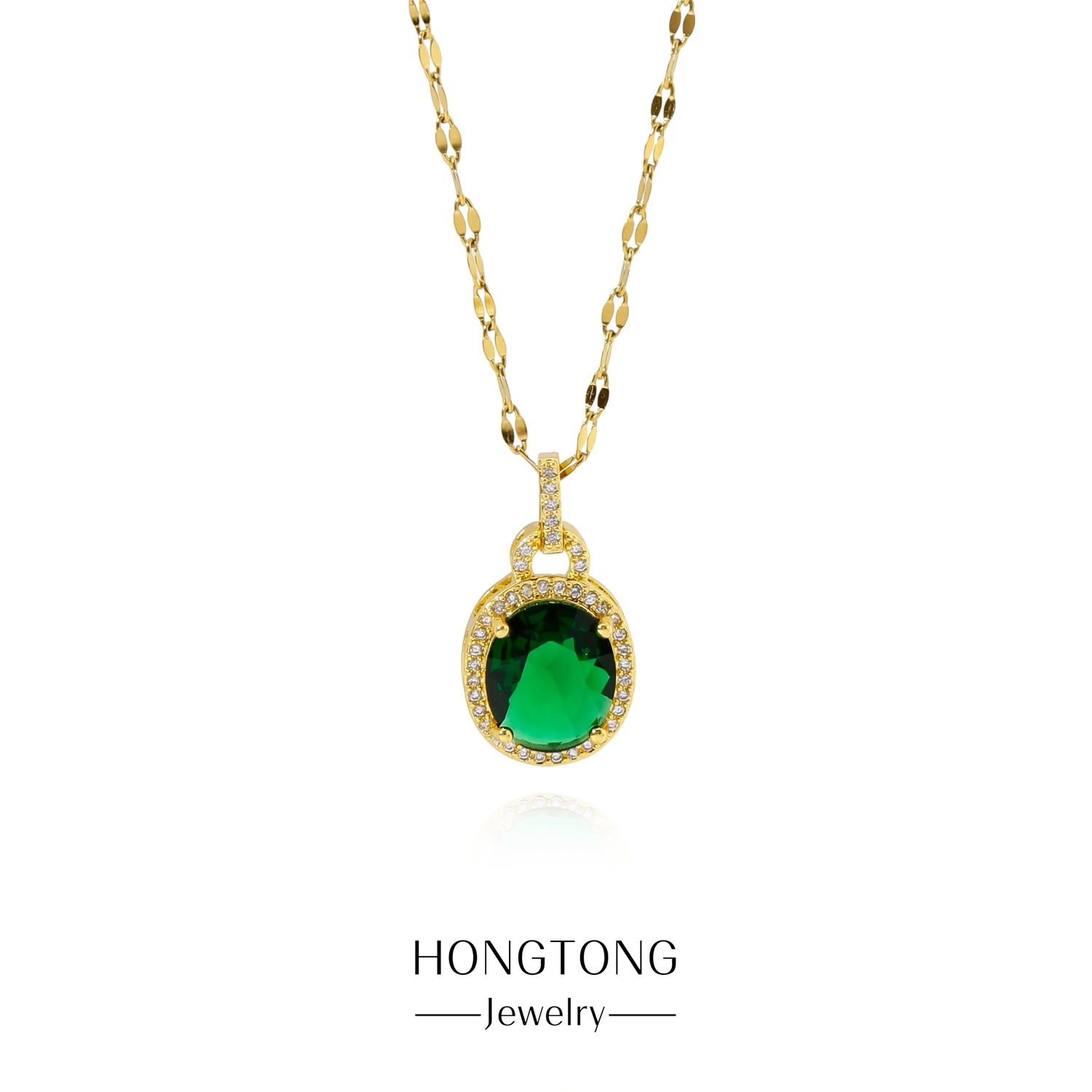 

HONGTONG New Light Luxury Oval Emerald Full Diamond Stainless Steel Pendant Geometric Niche Design Temperament Necklace