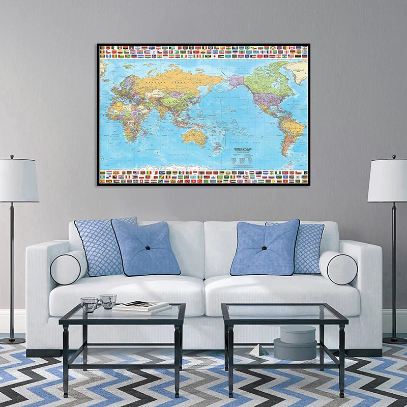 

The World Political Map with National Flag 90*60cm Wall Art Poster and Print Living Room Unframed Canvas Painting Home Decor