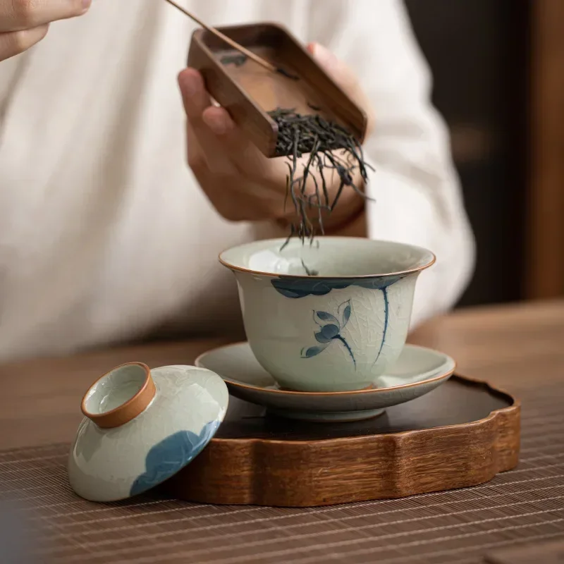 Фото Чайная чашка Gaiwan с ручной росписью в стиле ретро, печь Ge, одиночная чайная посуда, без ожогов, чаша для заваривания чая, высококачественная, бытовая, чайный набор Master №2