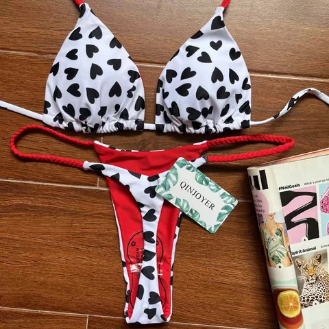 QINJOYER Swimwear Women Cute Heart Print Brazilian Bikini Set Sexy Thong Swimsuit Two Pieces Bathing Suit Women 2023 Beach Wear