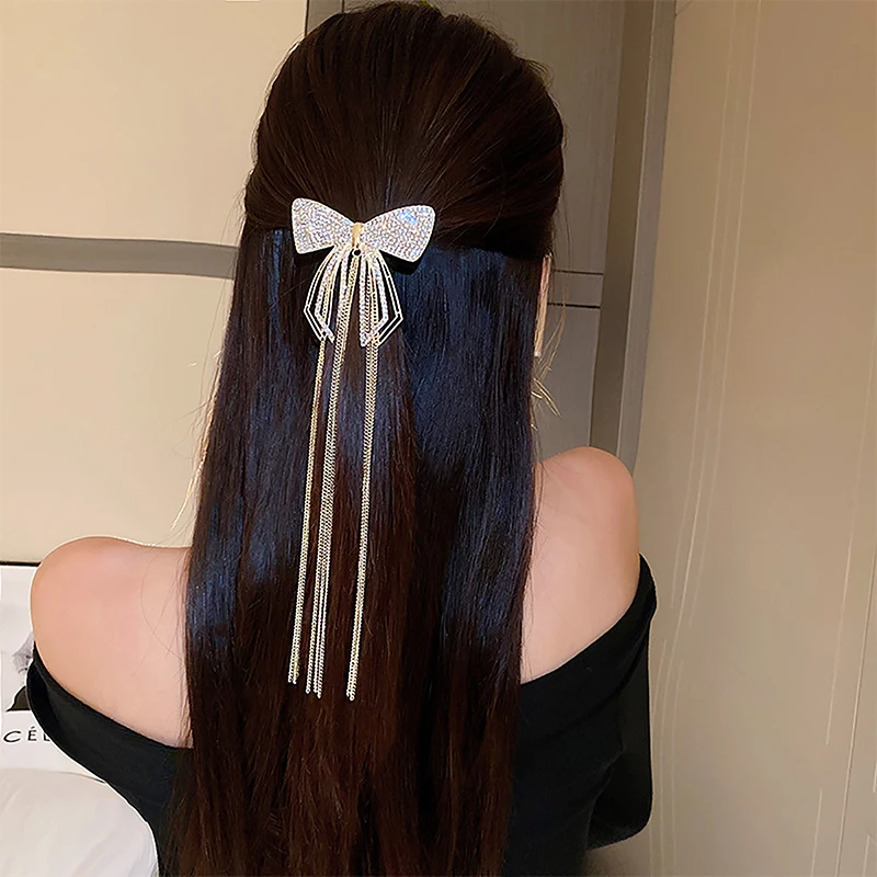 

New Fashion Bow Tassel Hair Clips For Women Delicate Sparkly Rhinestone Tassel Hairpin Hair Accessories 2023