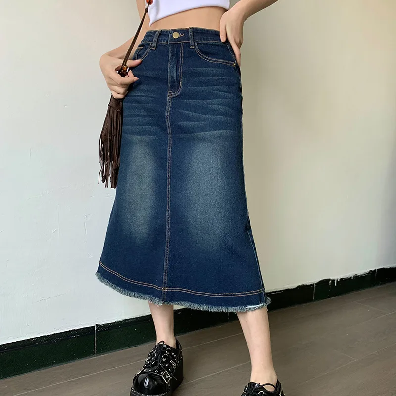 

WeiYao Y2K Tassels Trim Denim Skirt Vintage Aesthetic Midi Skirts Womens Preppy Style Low Waist Cute Kawaii Harajuku Skirt