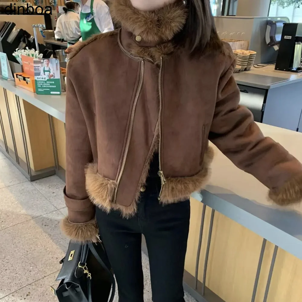 

2022winter Lamb Fur Coat Deerskin Brown Jacket Winter Fur Integrated Motorcycle Suit Women's Y2k Loose Street Retro Jacket Women