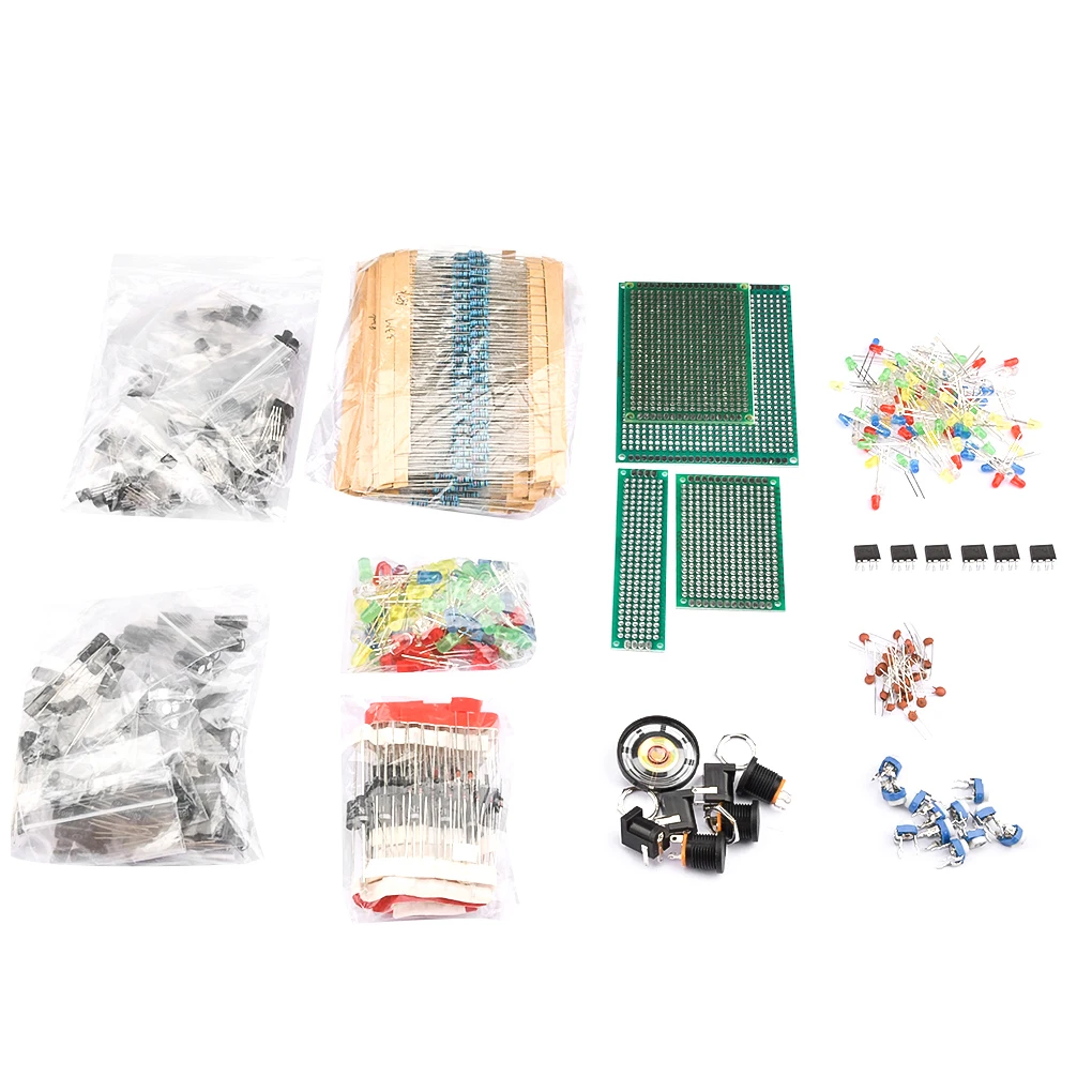 

Mega Electronic Component Kit Assortment Capacitors Resistors LED Transistors Diodes 1n270 Germanium DC Jacks opamp PCB Board