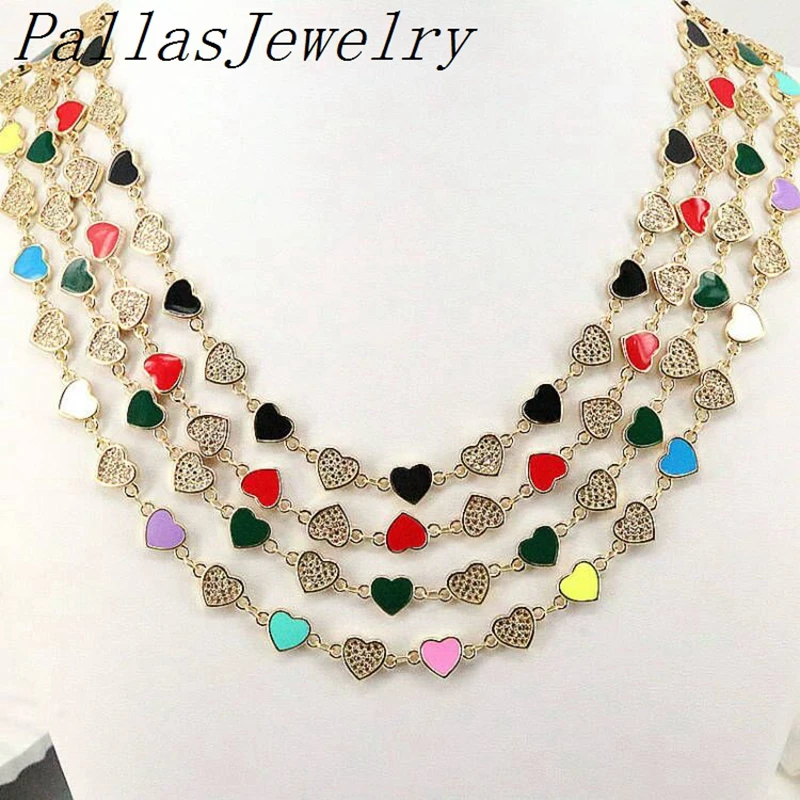 

5Pcs Gold Plated Enamel Rainbow Multicolor Love Heart CZ Crystal Necklace Jewelry Choker Romantic Jewelry Gift