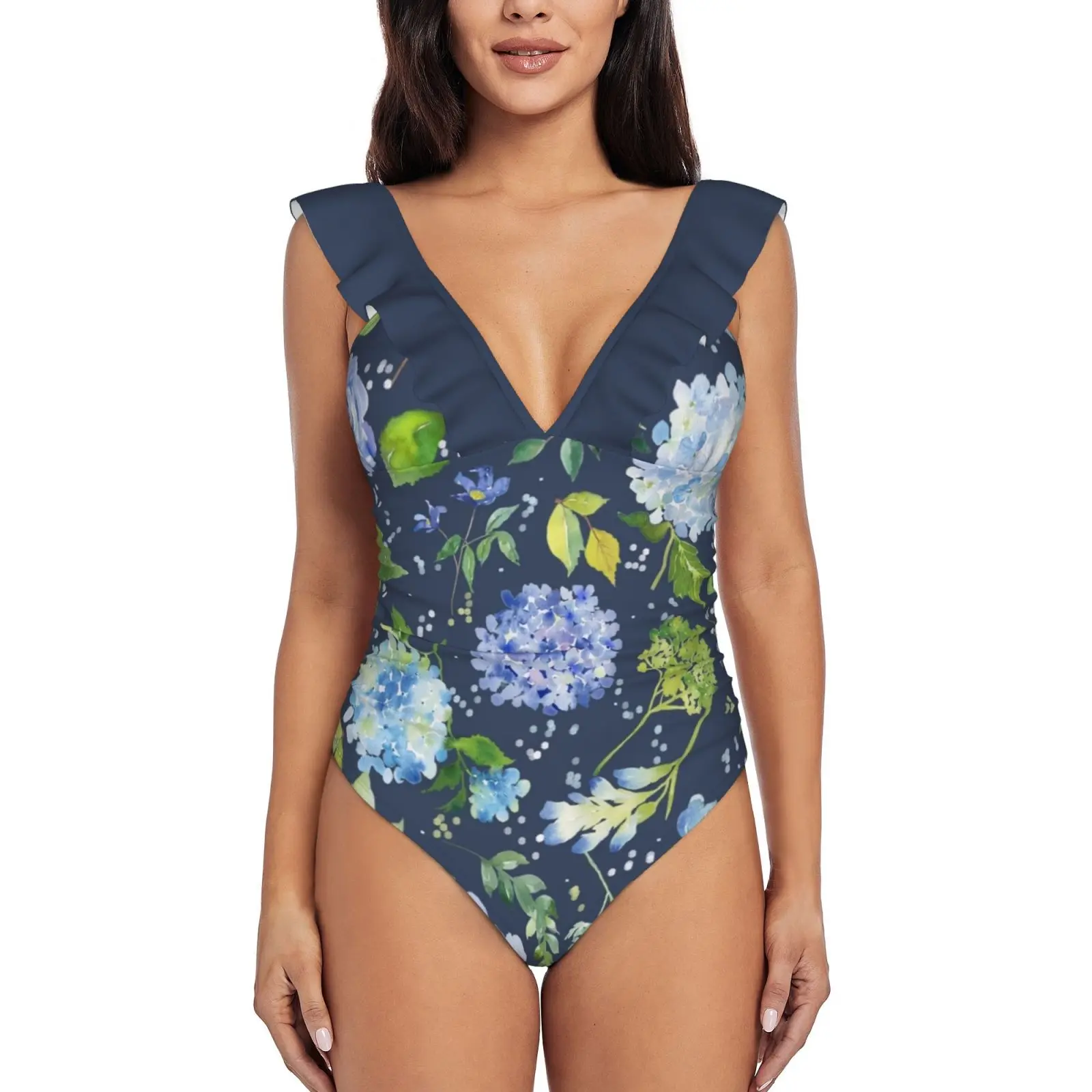 

Купальник женский слитный с оборками, пикантный бикини с цветочным акварельным синим и синим узором, купальная одежда
