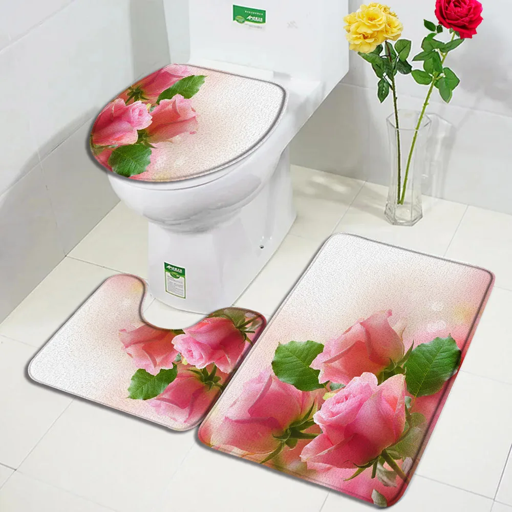 

Набор ковриков для ванной с розовыми розами, декор для ванной комнаты, натуральные цветы, растения, для девушек, нескользящий U-Образный Коврик, чехол для сиденья унитаза