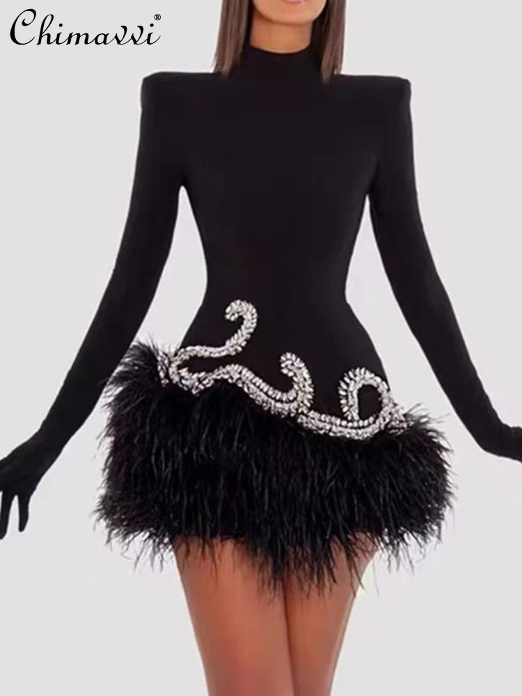 

Sexy European American Handmade Rhinestone Feather Women's Dress 2023 Summer Beautiful Black Long Sleeve Stand Collar Gown Dress