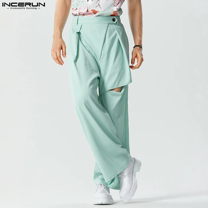 

INCERUN 2023 American Style New Men's Pants Fashion Street Hollowed High Waisted Trousers Casual Solid Wide Leg Pantalons S-5XL