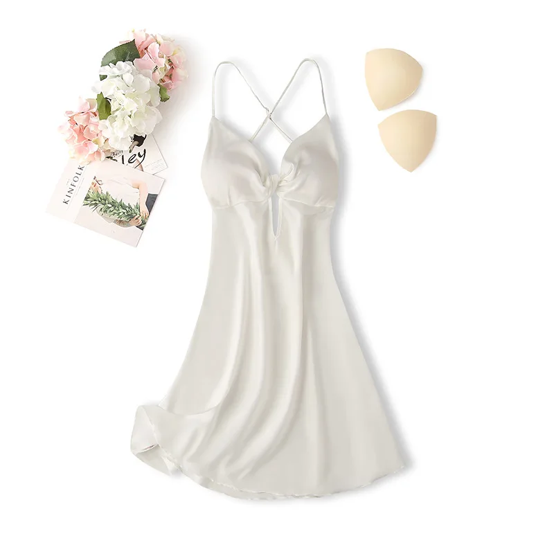 

White Hollow Out Nightdress Womens Satin Sleep Dress Suspender Nightgown Home Wear Lounge Summer V-Neck Dressing Gown Sleepwear