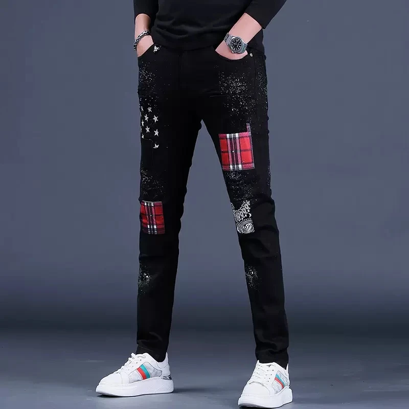 Autumn Black Ripped Patch Jeans Men Streetwear Plaid Patchwork Pants Fashion Star Printed Casual Stretch Slim Fit Denim Trousers