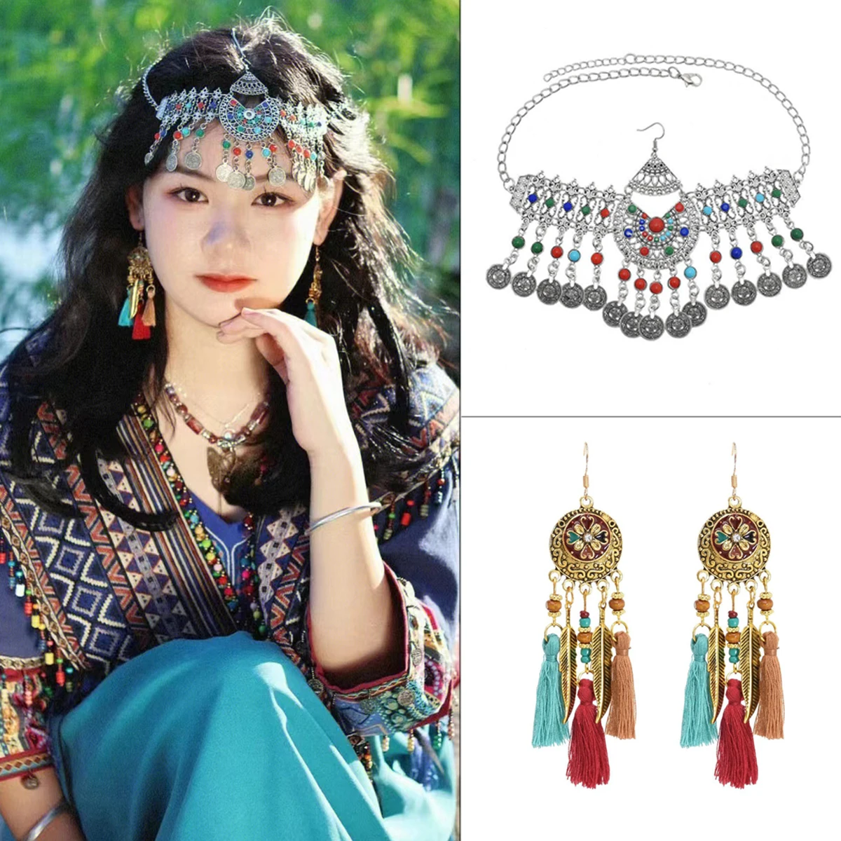 

Bohemian Coin Headbands Earrings Sets for Women Ethnic Fringed Thread Tassel Tribal Turkish Indian Dance Party Jewelry Sets