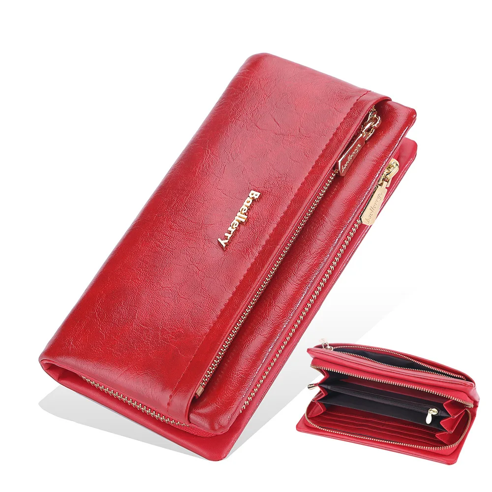 Womens Wallets Large Capacity Long Purses for Women with Zipper Coin Pocket Quality Red Soft Leather Wallet Ladies Clutch Purse