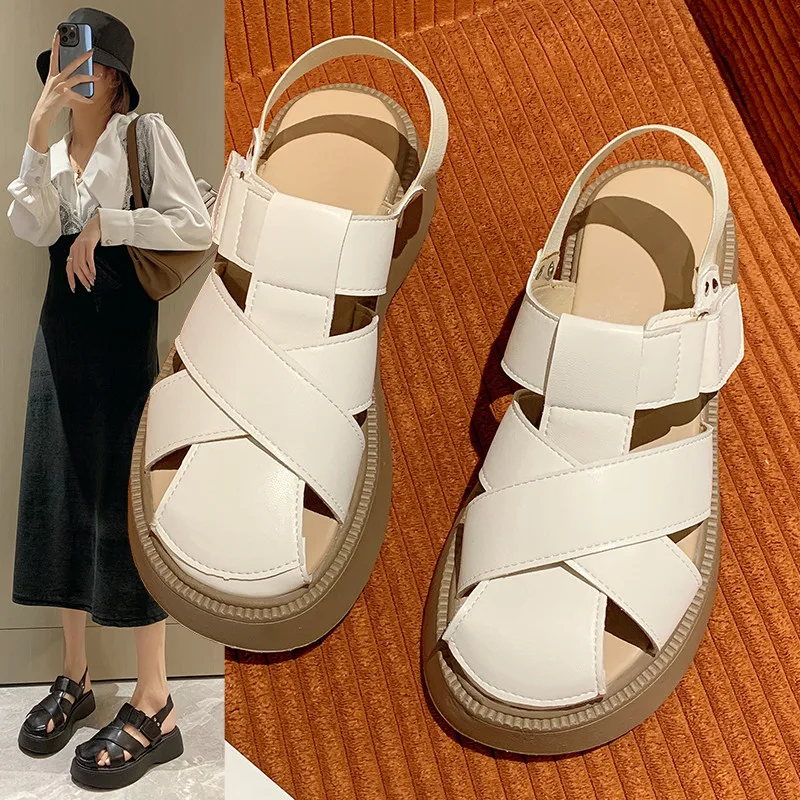 

All-Match Female Sandal Shoes Med Muffins shoe 2022 Women's Clogs With Heel Girls Fashion Gladiator Closed Beige Medium Flat New
