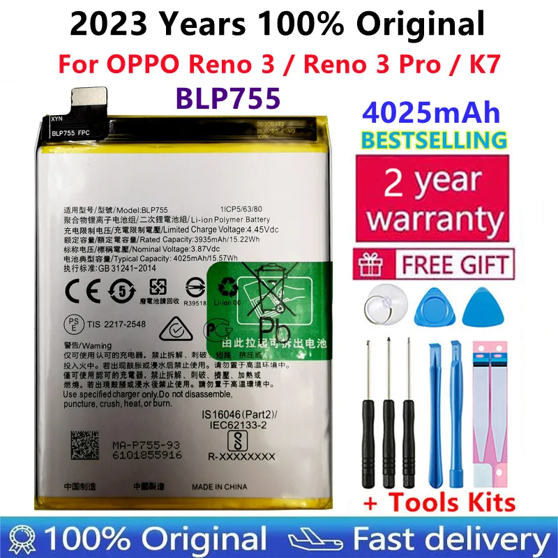 

100% Original New High Quality 4025mAh BLP755 Replacement Battery For OPPO K7 Reno 3 Reno3 Pro 5G Mobile Phone Batteries Bateria