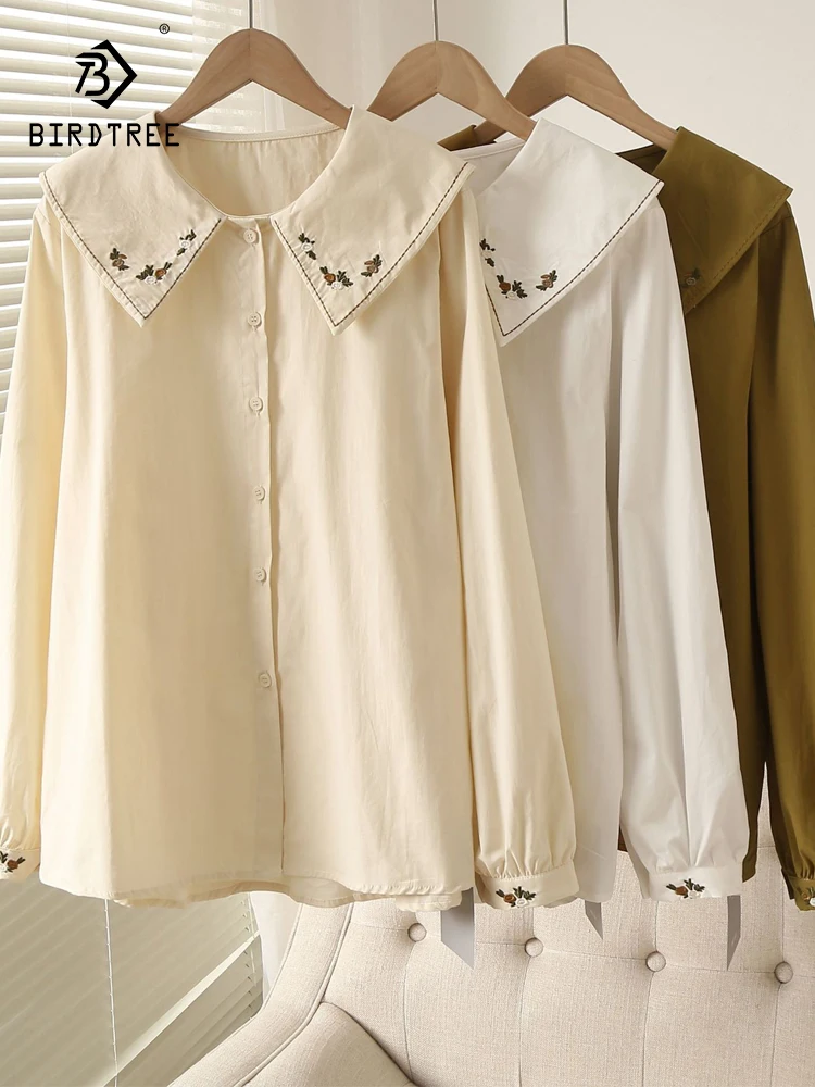 

Новые осенние хлопковые рубашки с вышивкой, женские топы с отложным воротником, свободные Однотонные блузки с длинными рукавами для девочек, милые весенние блузки T39421QC