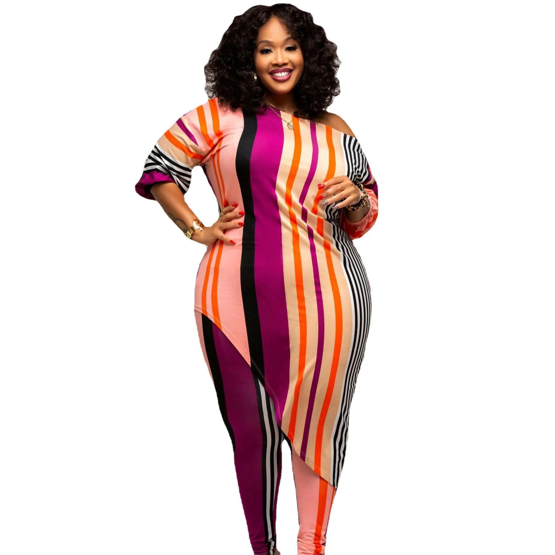 Plus Size Women Clothing Casual Fashion Printed Long Sleeve Color Vertical Stripe Two-piece Set Office Lady for Vestidos Long
