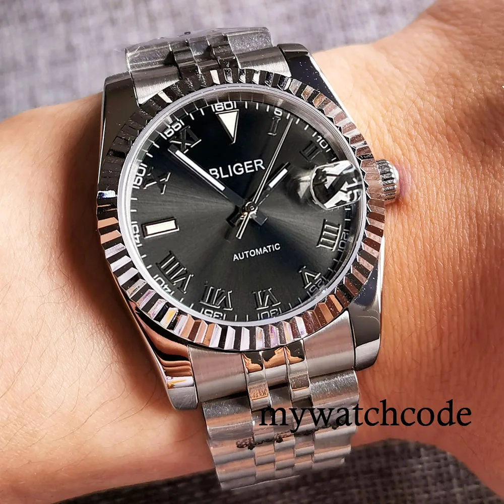 

BLIGER Japan NH35A 36 мм/39 мм автоматические мужские часы Браслет серый Sunburst циферблат рифленый полированный ободок Автоматическая Дата, сапфировое стекло