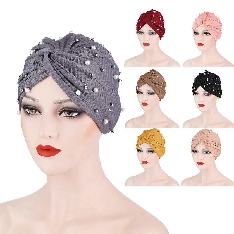 

KepaHoo Fashion Bonnets For Women New Pearl Headscarf Cap Forehead Cross Lady Cap European And American Elastic Headscarf Cap
