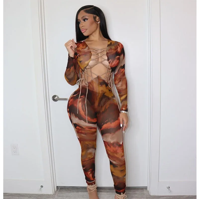 

Fashion Women's Bodysuit Bodycon Jumpsuit Brown Tie-dyed Print Long Sleeve Hollow Out Bandage Overalls High Streetwear Y2k