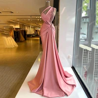 2022 sexy blush pink evening dresses wear one shoulder sheath mermaid crystal pearls women special occasion prom gowns