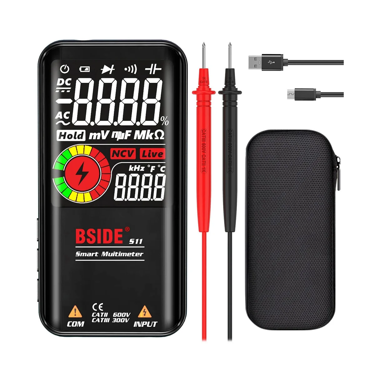 

BSIDE S11 New Digital Multimeter Tool Color LCD 3 Results Display 9999 Counts Auto Range Ohmmeter Cap Cycle Voltage Tester
