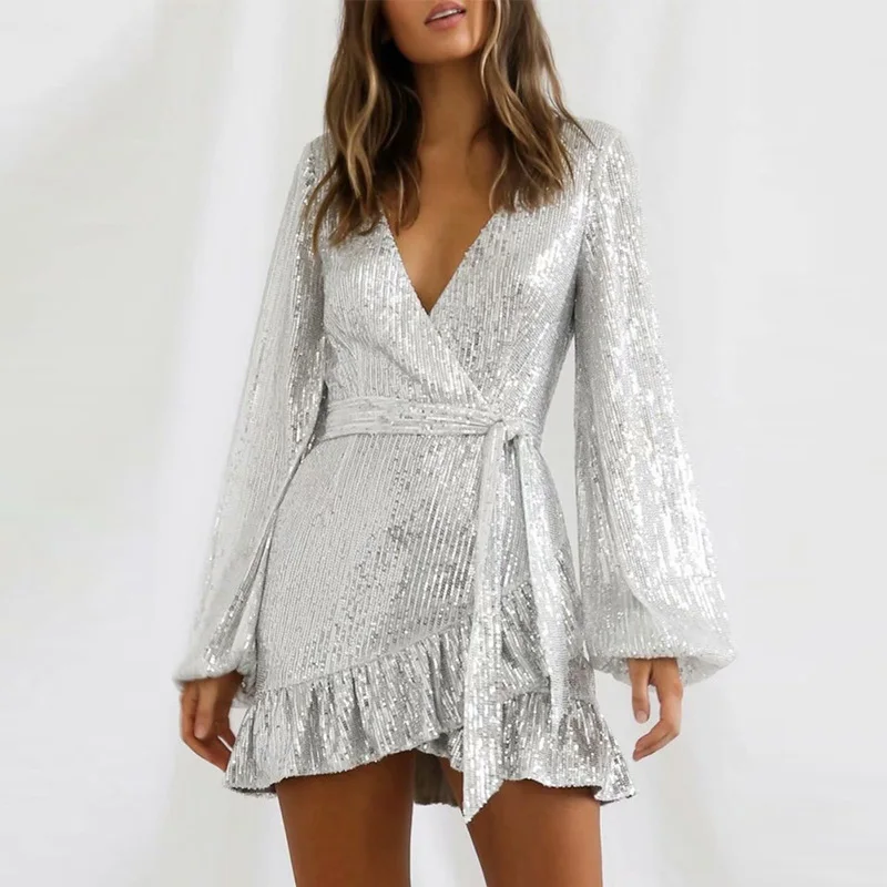 

2021 New Autumn Winter Sequin Ruffles Wrap Dress Long Sleeve Elegant Sexy Bling Shiny Night Club Mini Party Dress Ladies Clothes