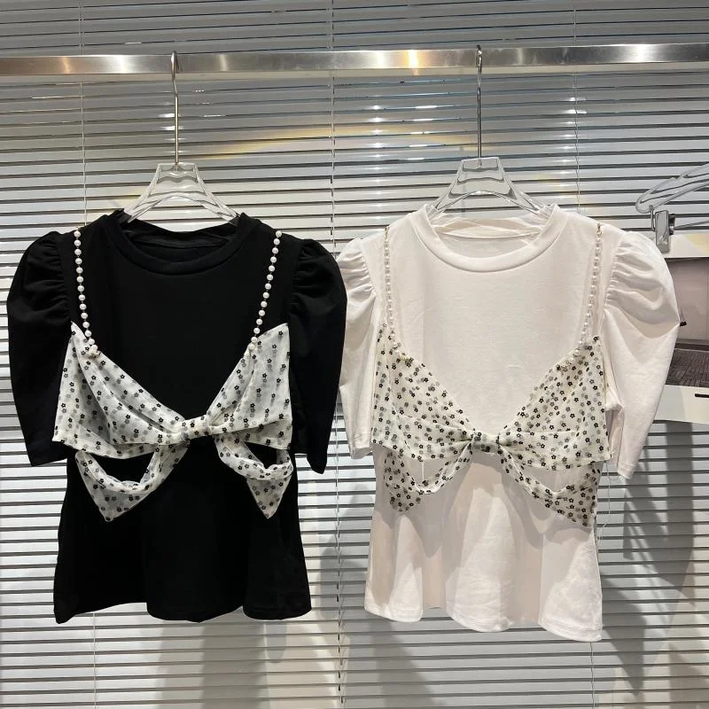 

Женская футболка с коротким рукавом, черно-белая Сетчатая футболка с круглым вырезом и ремешком с жемчужинами, лето 2023