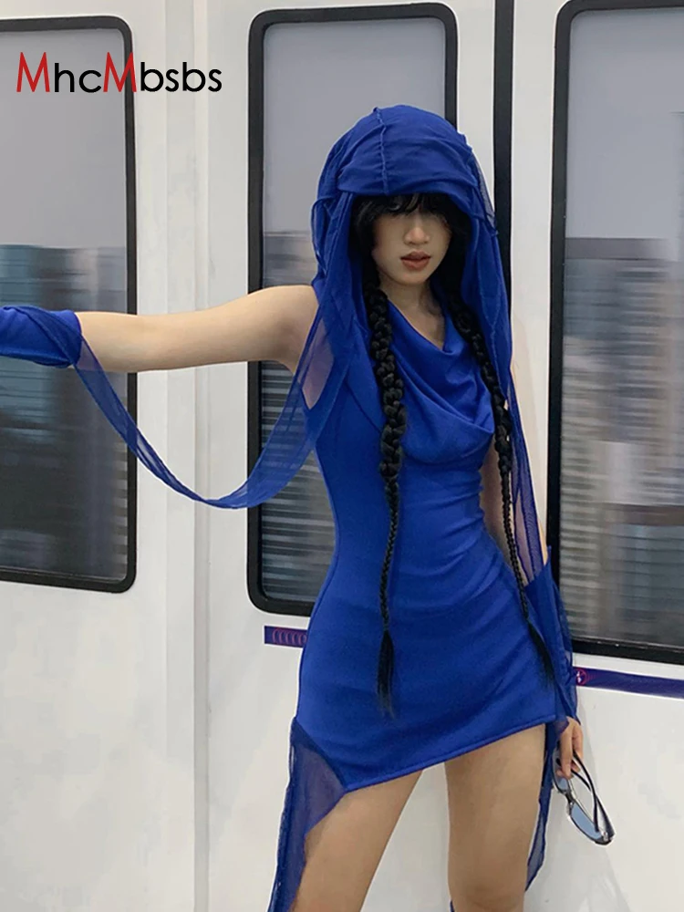 

Sexy Off Shoulder Ribbons Hooded Mini Dress Women Cut Out Punk Grunge Blue Vestidos 2022 Spring Fall Night Prom Club Y2K Clothes