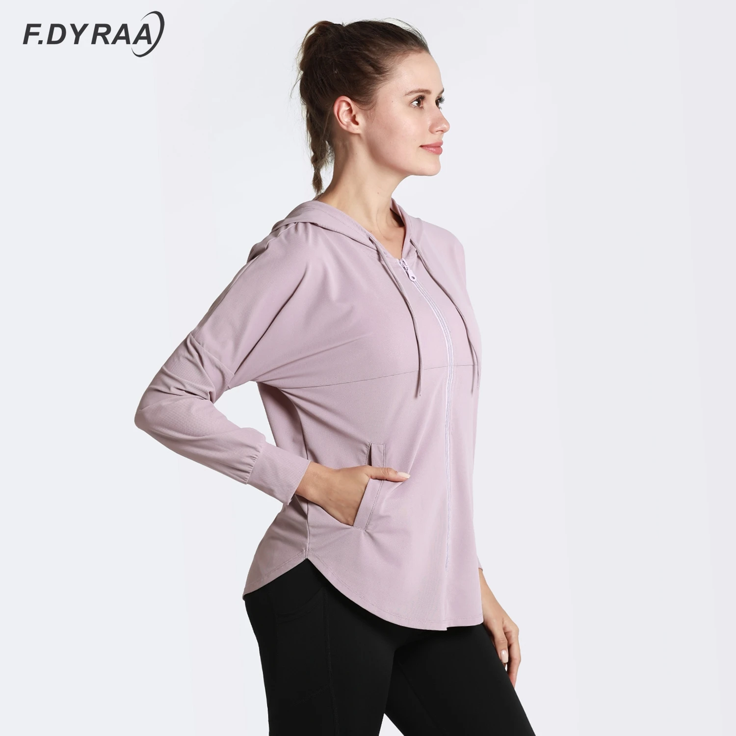 F.DYRAA Women Running Zipper Hooded Jackets Loose Sports Long Sleeve Coats Quick Dry Fitness Yoga Workout Outerwear For Woman