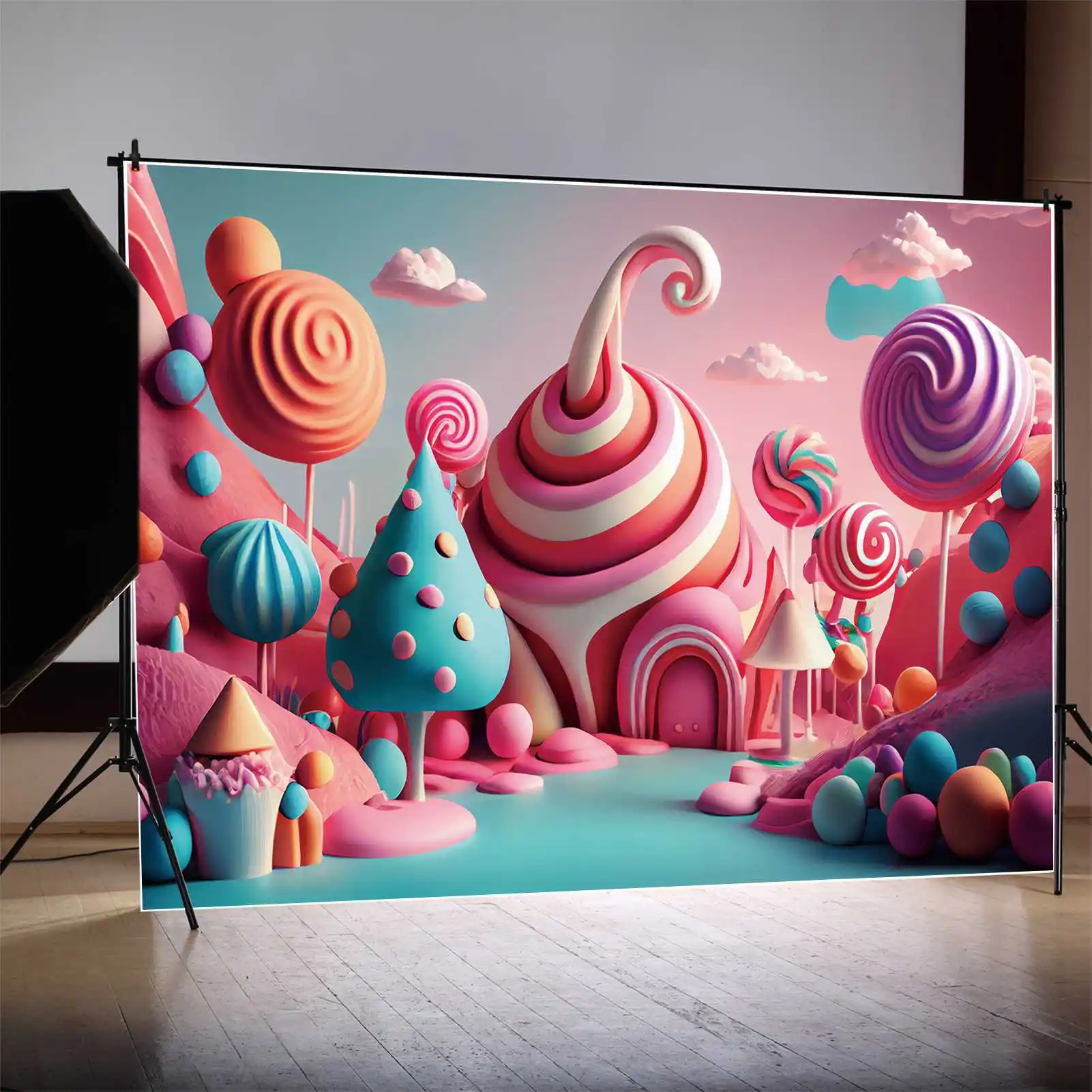 

MOON.QG Background Pink Rose Candyland Castle Cabin Birthday Backdrop Children's Candy Bar Mountain Party Prop Decor Photo Booth