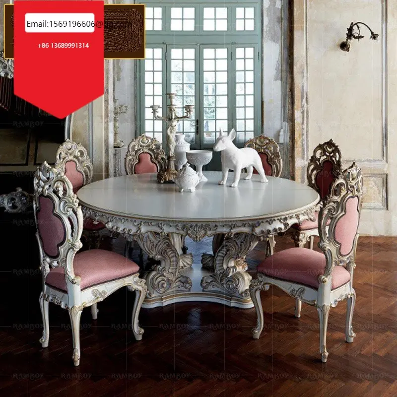 

Italian villa furniture European dining table and chair combination French solid wood carved round dining table dining table