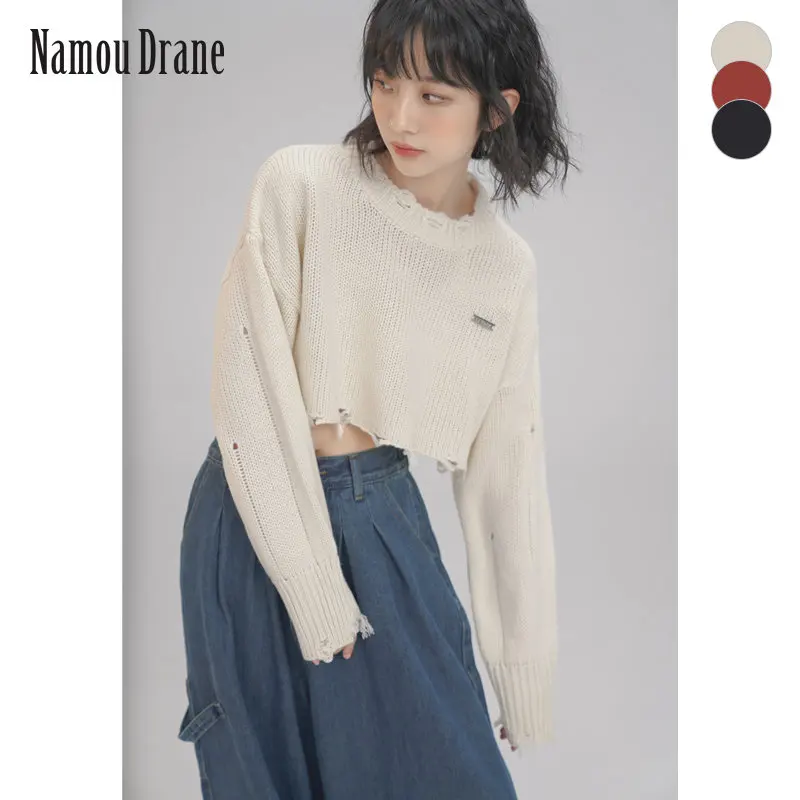 

Namou Drane 2022 Early Autumn New Knitted Sweater Women Short Style Foreign Style Loose Languid Style Wear Long Sleeve Spice Top