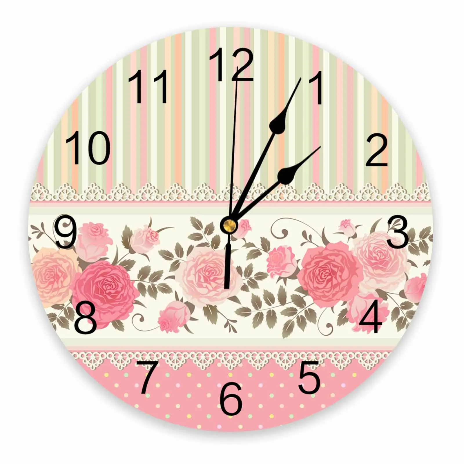 Rose Flower Pink Stripe  Decorative Round Wall Clock Arabic 