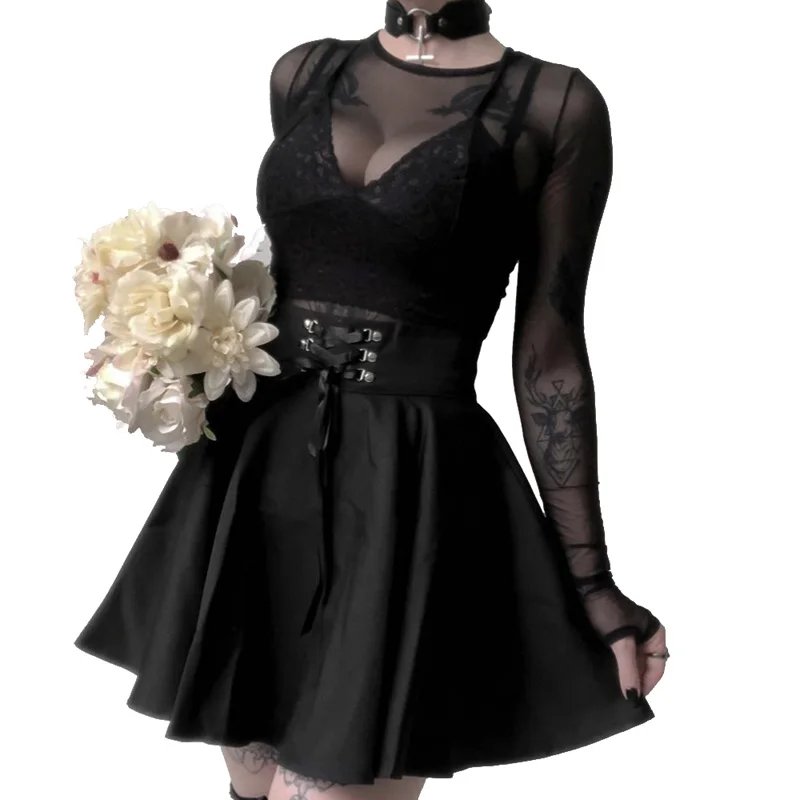 

Женская плиссированная мини-юбка с высокой талией, черная Повседневная трапециевидная юбка на шнуровке в готическом стиле 50-х годов, 2020