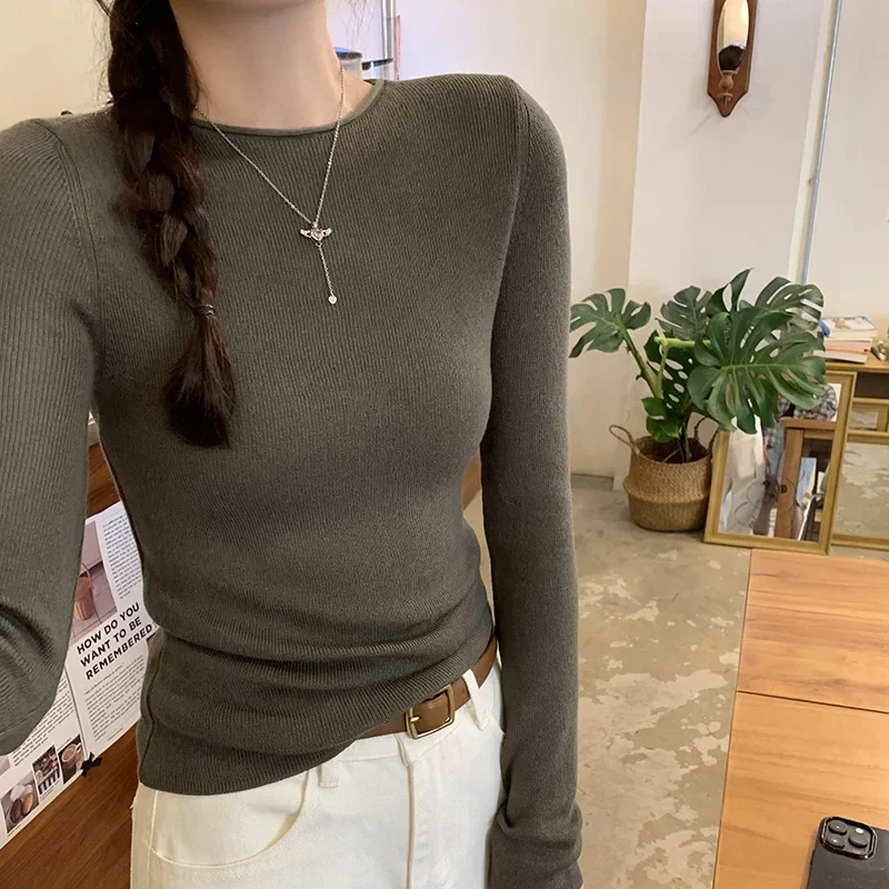 Женский вязаный топ на осень/зиму 2024 новый с круглым вырезом и длинными рукавами
