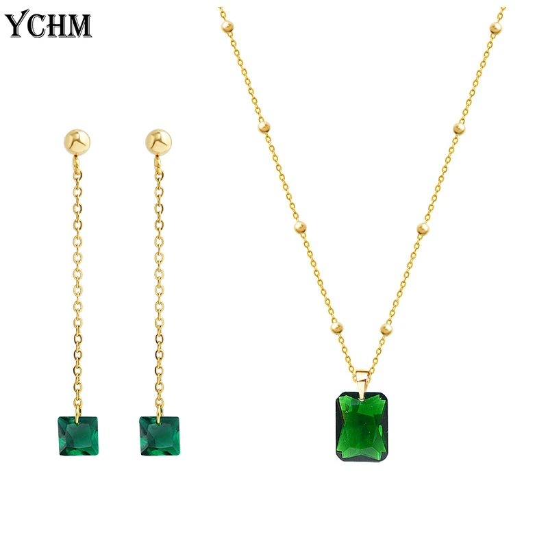 

Vintage Emerald Jewelry Set Green Zirconia Earrings Stone Pendant Necklace Women Stainless Steel Chain Crystal Jewelry Set