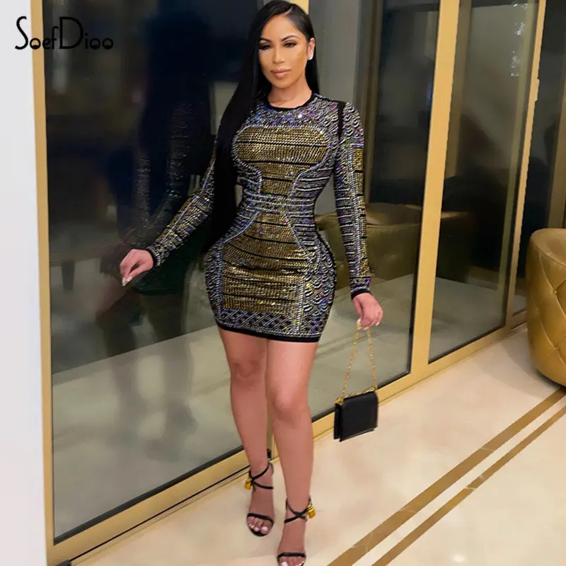 

Soefdioo цветные бриллиантовые вечерние платья для женщин, хипстерское сексуальное облегающее мини-платье с круглым вырезом и длинным рукавом ...