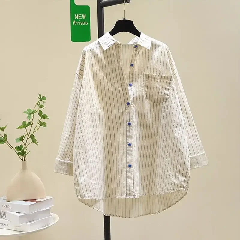 Новинка весны 2024 женская рубашка с вышивкой в полоску придающая