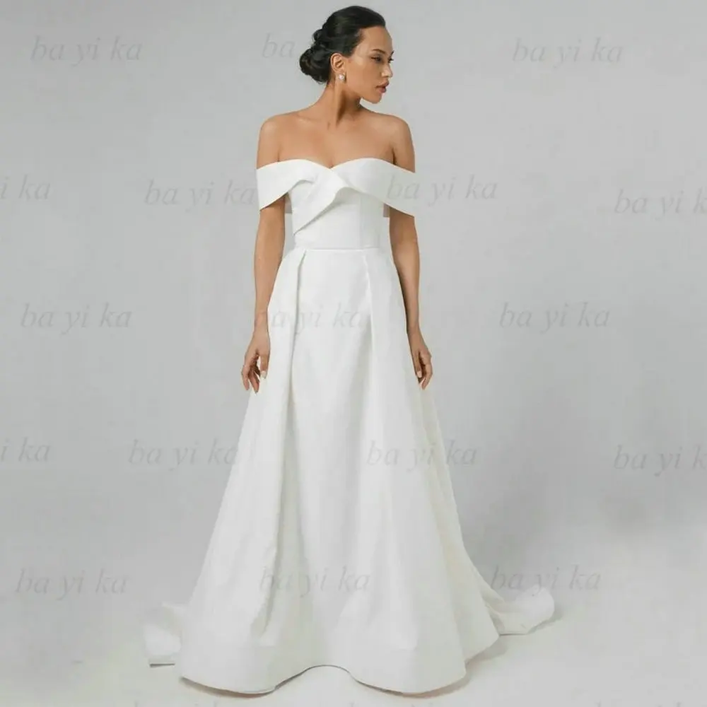 

Boat Neck A Line Floor Length Off Shoulder Wedding Dress 2022 Sexy Soft Satin Court Train Lace Up Bridal Gown Vestidos De Mairee