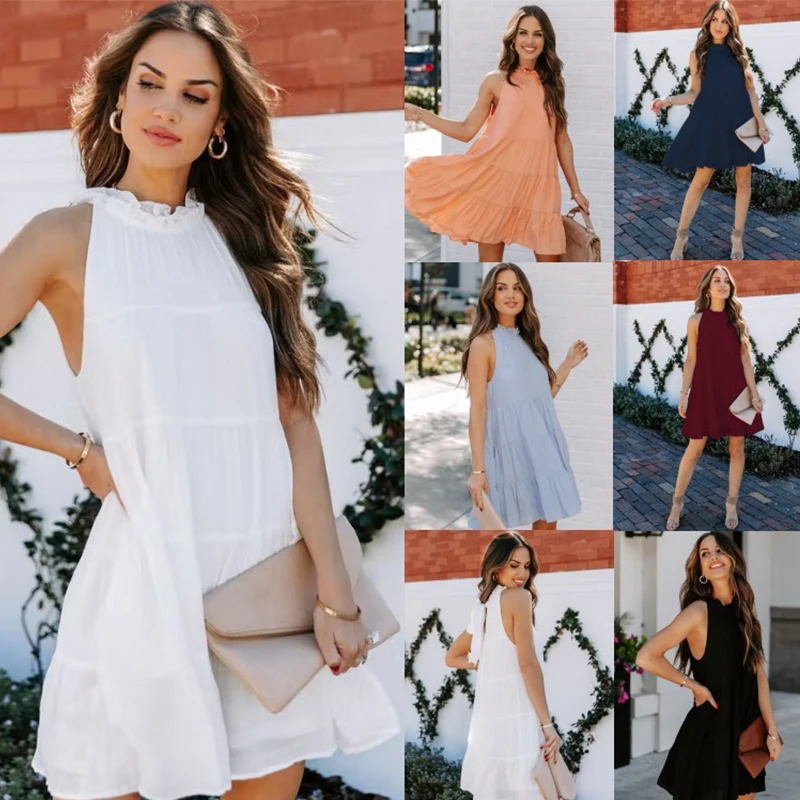 

Summer Fungus Collar Loose Swing Solid Color Dress Sweet Fairy Cute Folds Loose Mini Beach Sexy Boho Office Casual Women Dress