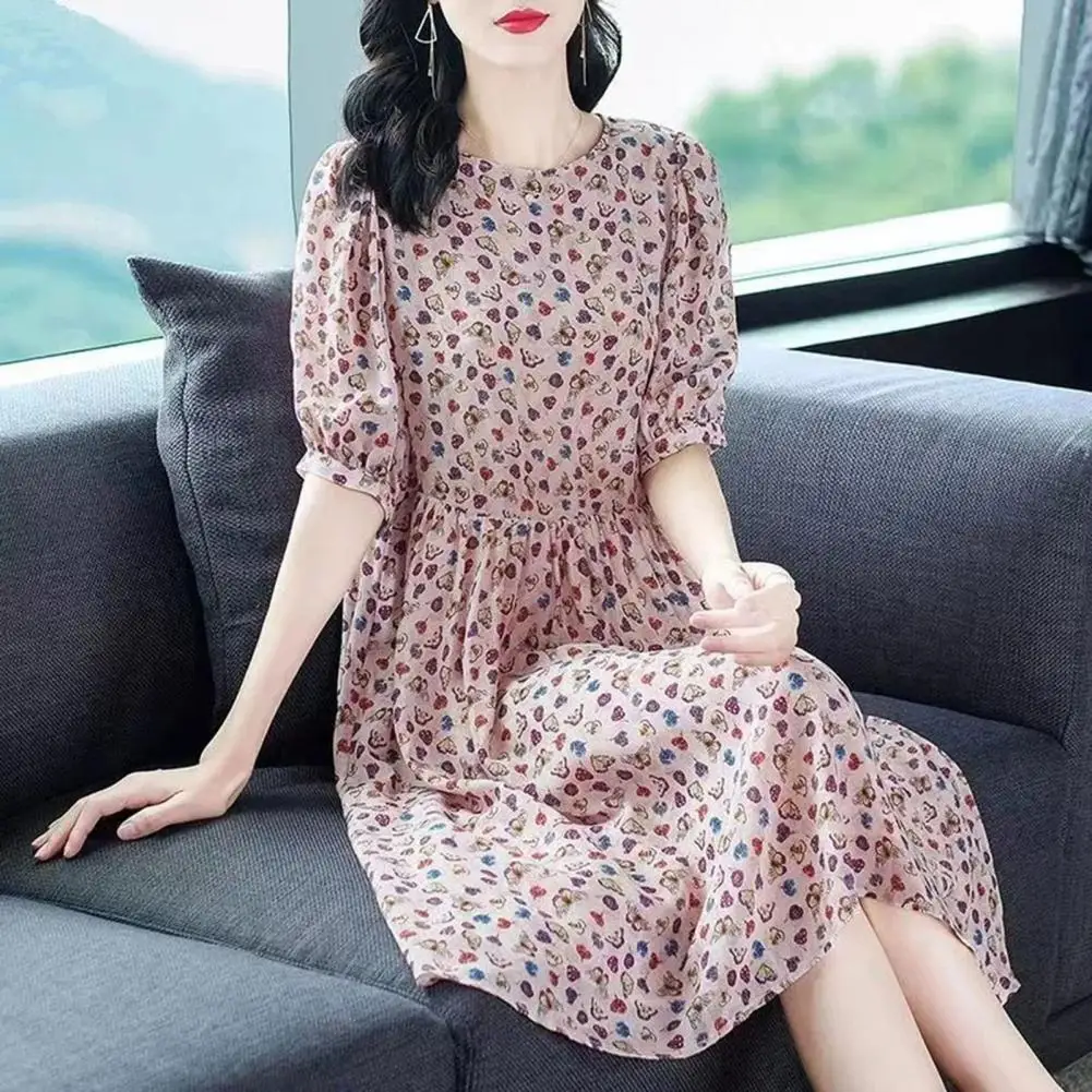 

Платье-трапеция до колена с цветочным принтом, пляжное платье свободного кроя с рукавом до локтя, тонкое облегающее летнее платье с круглым вырезом