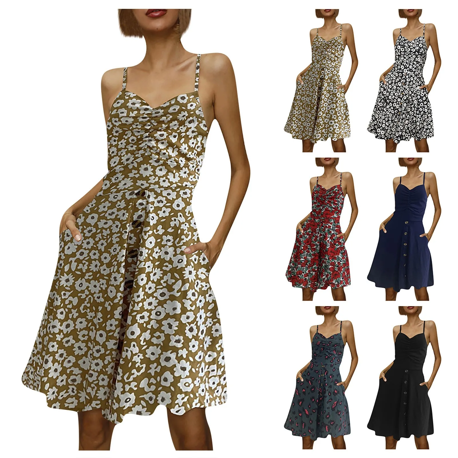 

Женское мини-платье на бретелях, с цветочным принтом, без рукавов