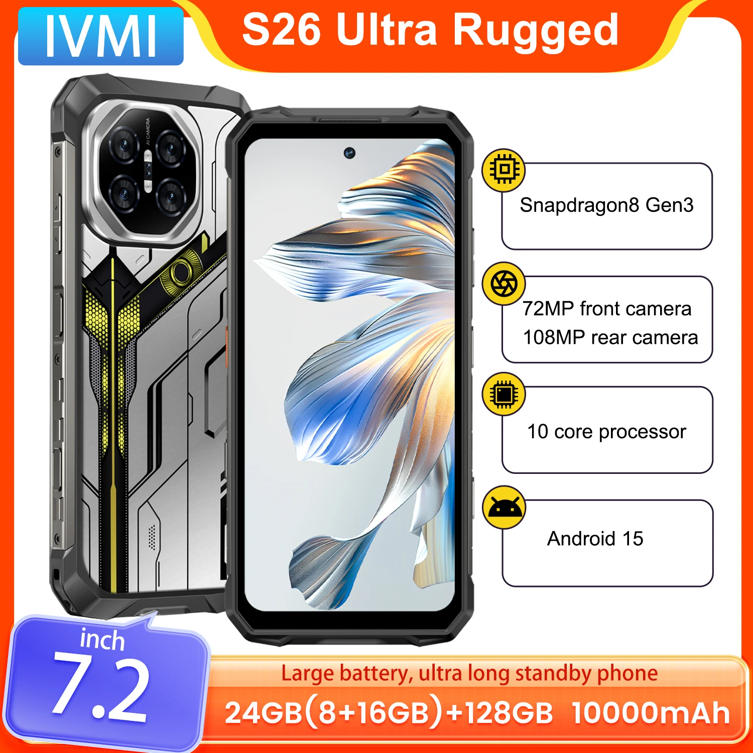 Фото [Мировая премьера] Прочный смартфон IVMI Durable S26, 24 ГБ ОЗУ + 128 ГБ ПЗУ, 90 Гц, 7,2-дюймовый HD+ экран, Android 15, основная камера 108 МП, аккумулятор 10000 мАч №1