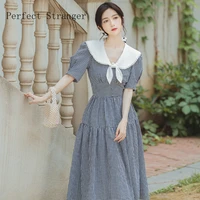 2022 summer new arrival vintage navy style plaid puff sleeve women long dress high quality vestidos