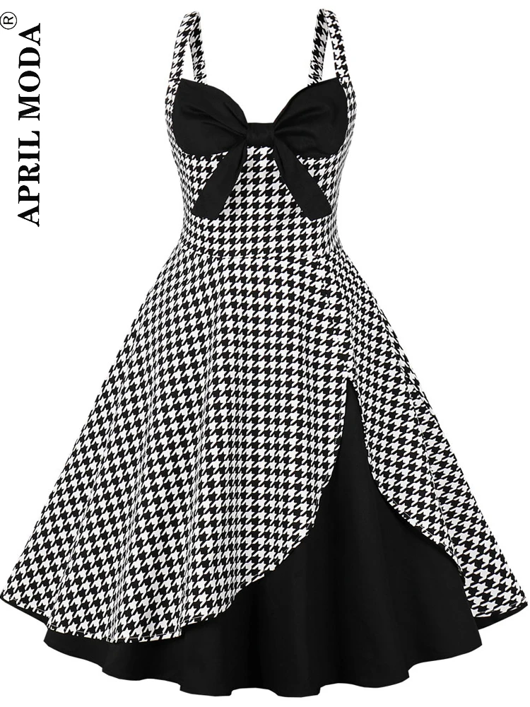 

2022 Houndstooth Retro Women's Dress Patchwork Print Sling 1950s Vintage Cocktail Dress Sleeveless Office Casual Pinup Sundress