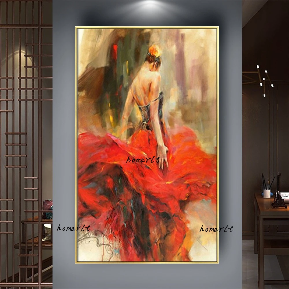 

Hand Painted wall Painting Classic European Oil Painting Spanish Dancer Wall Art Woman Red Dress Large Canvas Modern Decor Room