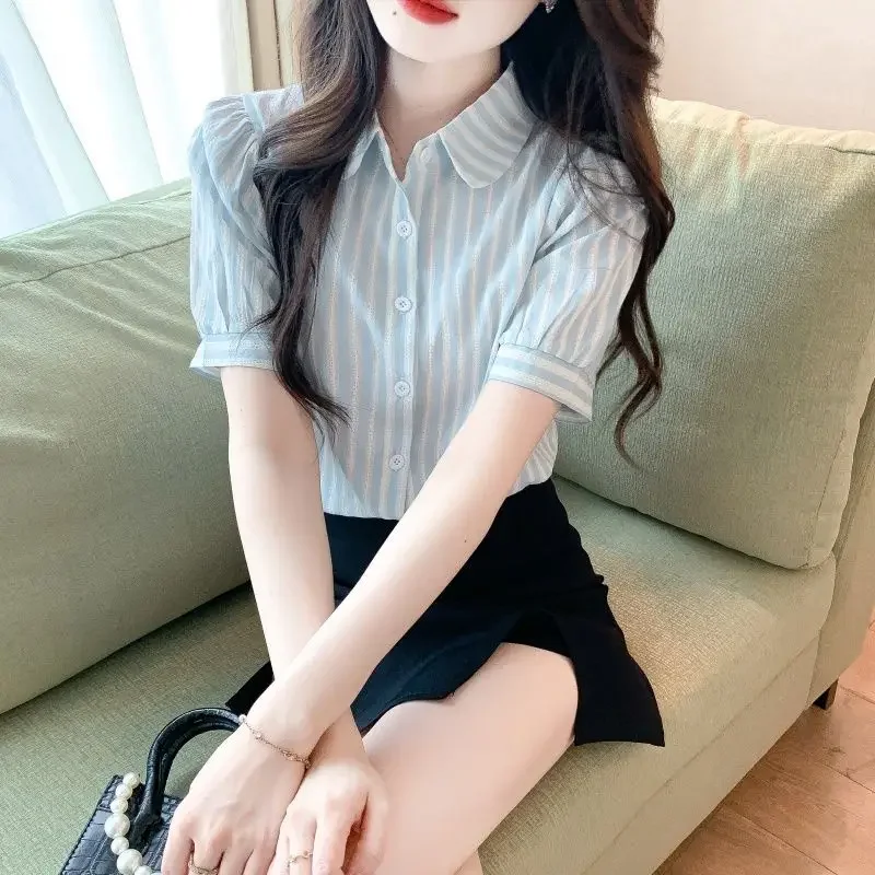 Модная полосатая рубашка женская с пышными рукавами лето 2024 новый свободный топ